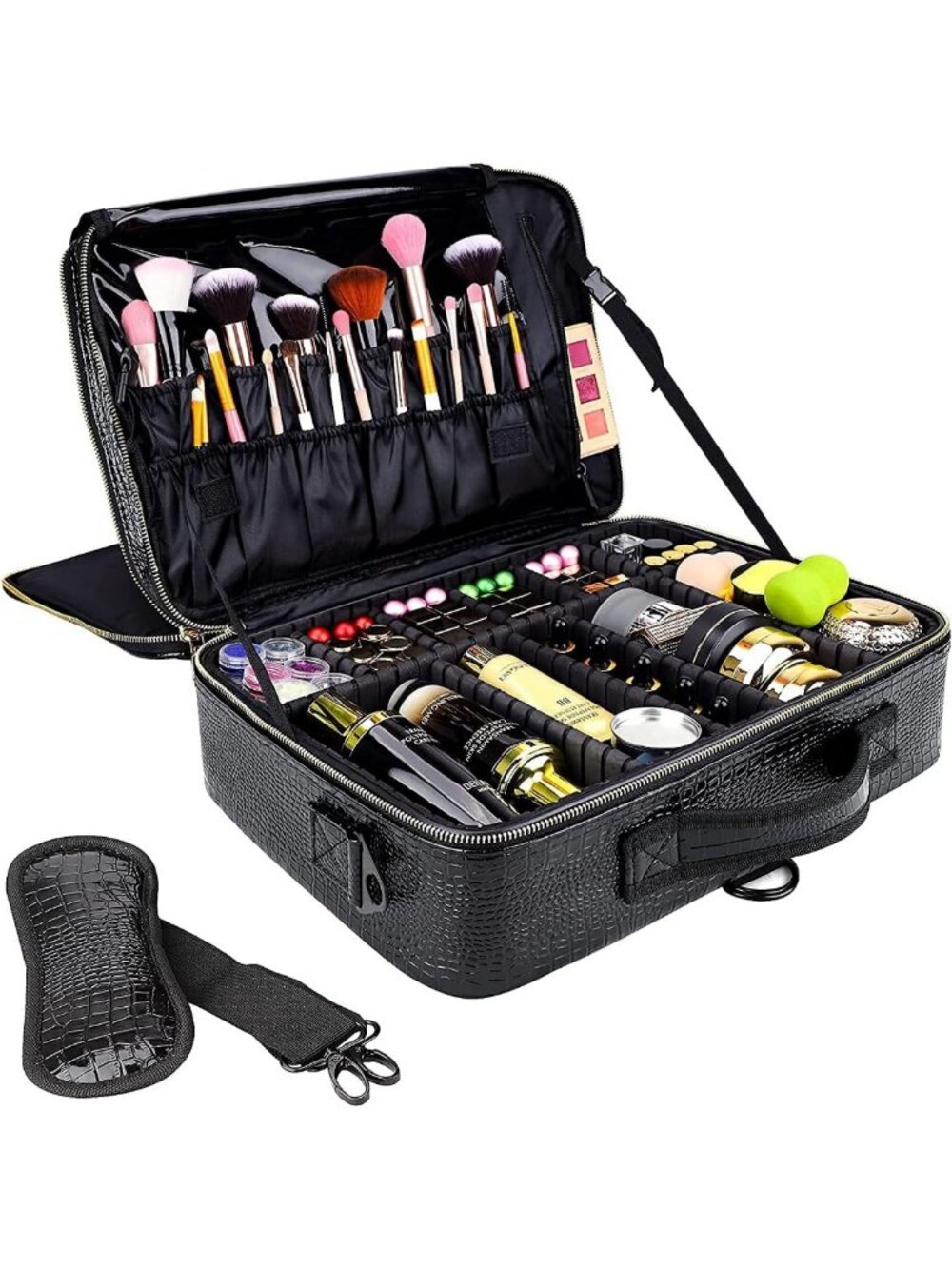 Large Capacity Waterproof Makeup Organizer with Adjustable Dividers & Strap
